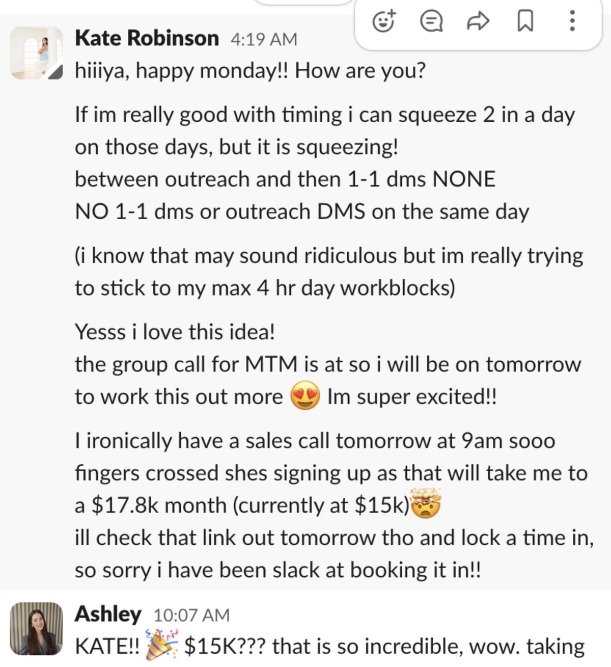 Kate — $15K climbing to $17.8K