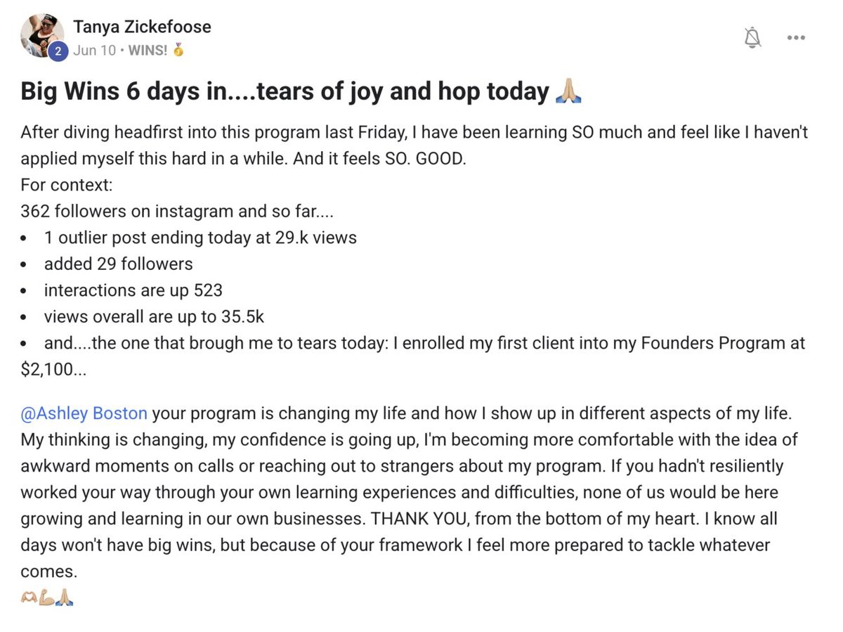 Tanya — first client at $2,100